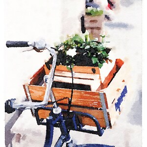 May include: A blue bicycle with a wooden crate attached to the handlebars. The crate is filled with green plants and white flowers. The bicycle is parked in front of a white wall.
