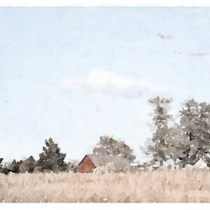 K&ouml;nnte beinhalten: Ein Aquarellbild einer roten Scheune auf einem Feld mit B&auml;umen und einem bew&ouml;lkten Himmel.