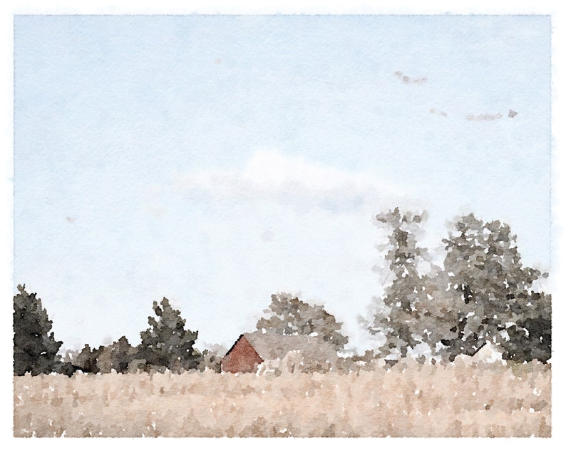 K&ouml;nnte beinhalten: Ein Aquarellbild einer roten Scheune auf einem Feld mit B&auml;umen und einem bew&ouml;lkten Himmel.