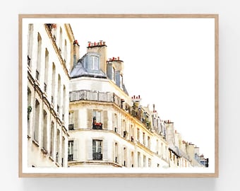Könnte beinhalten: Ein Aquarellbild einer Reihe weißer Gebäude mit braunen Fensterrahmen und roten Ziegeldächern. Die Gebäude sind in einem realistischen Stil gemalt, mit Details wie Balkonen und Fensterkästen.