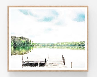 Lake Dock Painting Landscape Wall Art Watercolor Print Digital Download, Serene Calming Artwork Home Decor 5x7, 8x10, 11x14, 16x20, 18x24