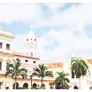 Pode incluir: Pintura em aquarela de uma pra&ccedil;a da cidade com edif&iacute;cios em tons de branco, bege e p&ecirc;ssego. Palmeiras e uma torre com c&uacute;pula se destacam contra um c&eacute;u azul nublado. O estilo &eacute; suave e art&iacute;stico.