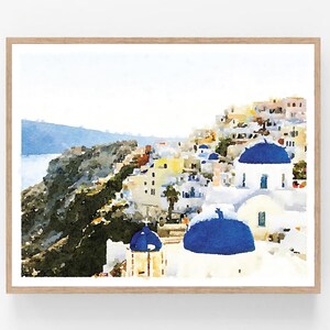 Santorini Print, 3 Blaue Kuppeln Aquarell Digitaler Download, Griechenland Wand Kunst Insel Landschaft, Fotografie Dekor 5 x 7, 8 x 10, 11 x 14, 16 x 20, 18 x 24