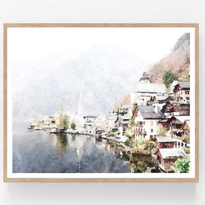 Hallstatt Austria Mountain Landscape Wall Art Watercolor Painting Digital Printable, Neutral Art Print Decor 5x7, 8x10, 11x14, 16x20, 18x24