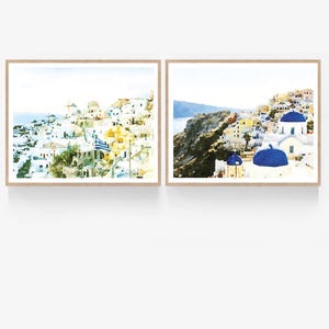 Juego de 2 impresiones de Santorini, Grecia, descarga digital, decoración para el hogar con temática de viajes isleños, impresiones de acuarela neutra para pared (12,7 x 18,8 x 25,4 cm y 28,9 x 35,6 cm)