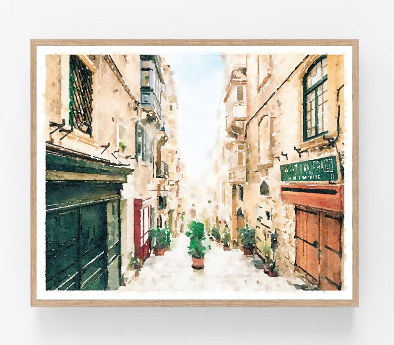 Valletta Malte Aquarelle Wall Art Téléchargement numérique, bâtiments vintage, Old World Street, Neutre Print Decor 5x7, 8x10, 11x14, 16x20, 18x24 image 1