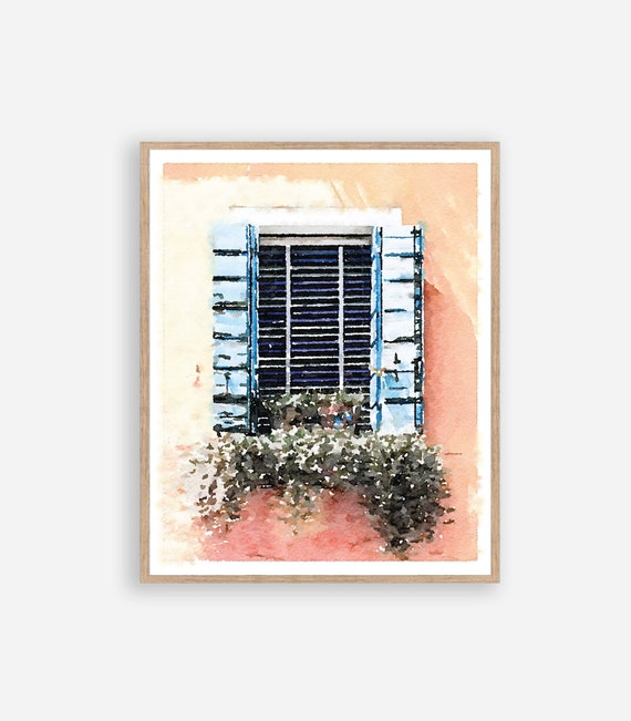 Vintage Window With Flowers Watercolor Wall Art, Burano Italy Digital, Rustic Old World Building Architecture Street Neutral 16x20, 18x24