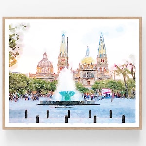 Guadalajara Mexico Digital Download Printable Wall Art Watercolor Print Teatro Degollado Cathedral Mexican Art 5x7, 8x10, 11x14, 16x20 18x24