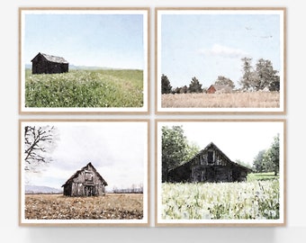 Conjunto de 4 galerias de impressões de fazendas modernas, arte de parede em aquarela de celeiro, download digital de decoração rústica chique, pintura de paisagem 5x7, 8x10, 11x14