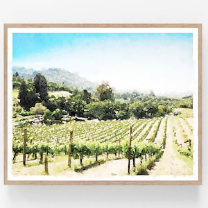 Watercolor Vineyard Landscape Painting Printable Download, Sonoma California Art Wine Country Farmhouse Decor 5x7, 8x10, 11x14, 16x20, 18x24