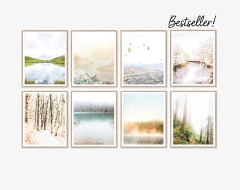 Landscape Wall Art Set of 8 Gallery Digital Download Printable Art Prints, Watercolor Nature Paintings, Spa Neutral Nature Decor 8x10, 11x14