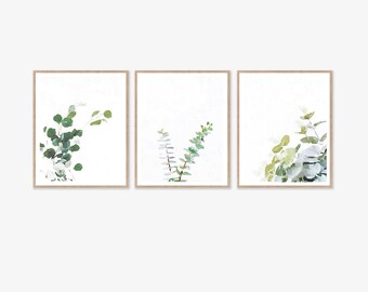 Botanical Prints Set of 3 Eucalyptus Watercolor Wall Art Printable, Neutral Decor, Nature Photography, Plant Print, Spa, 5x7, 8x10, 11x14