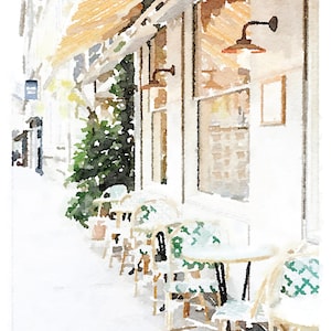 May include: A watercolor painting of a cafe with a row of tables and chairs outside. The chairs are white with green and white patterned cushions. The cafe has a white awning and a large window.