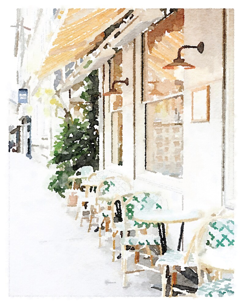 May include: A watercolor painting of a cafe with a row of tables and chairs outside. The chairs are white with green and white patterned cushions. The cafe has a white awning and a large window.