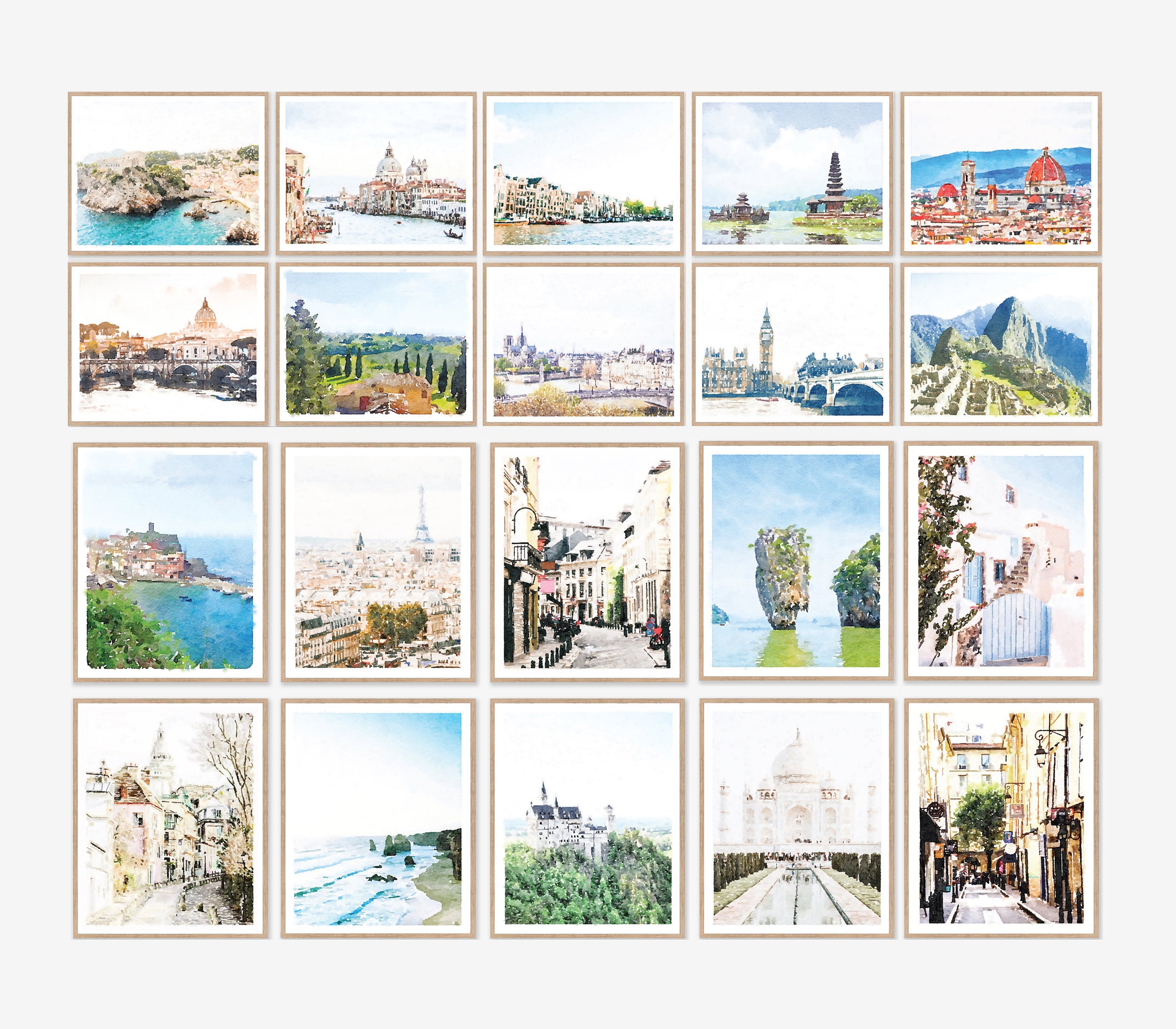 Set of 20 Travel Watercolor Wall Art Prints Digital Download Etsy Canada