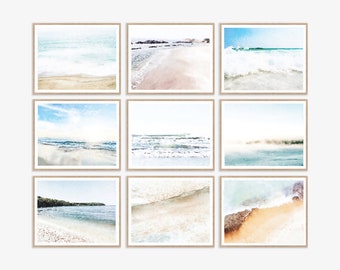 Galería de acuarelas de playa (9 piezas, descarga digital), impresiones de arte costero, decoración del hogar con olas del océano, azul playero y blanco (8 x 10, 11 x 14)