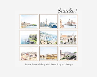 Europe Travel Wall Art Set of 9 Prints Neutral Gallery Wall Printable Vintage Landmarks Soft Watercolor Decor, Paris Rome Venice 8x10, 11x14