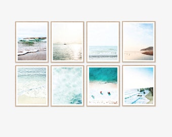 Conjunto de 8 impresiones digitales de acuarela de playa, arte mural azul y blanco, decoración costera moderna y serena, obra de arte pacífica de 8 x 10 y 11 x 14 pulgadas.
