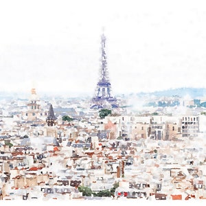 May include: A watercolour painting depicting the Eiffel Tower in Paris, France. The tower is centrally positioned, with the city of Paris visible in the background. The painting is rendered in soft, muted colours, creating a dreamy and romantic atmosphere.