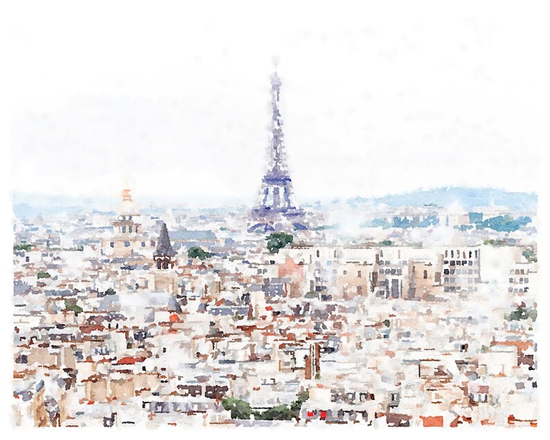 May include: A watercolour painting depicting the Eiffel Tower in Paris, France. The tower is centrally positioned, with the city of Paris visible in the background. The painting is rendered in soft, muted colours, creating a dreamy and romantic atmosphere.