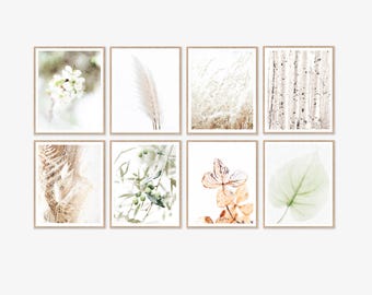 Neutral Botanical Nature Landscape Prints Watercolor Set of 8 Gallery Wall Art Digital Printable, Flowers Leaves Trees Decor, 8x10, 11x14