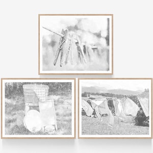 Black White Laundry Room Set of 3 Vintage Wall Art Prints, Digital Download, Oil Painting Clothespins Clothesline 5x7, 8x10, 11x14, 16x20