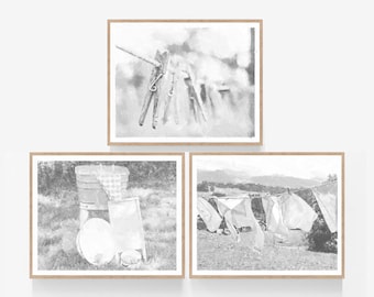 Black White Laundry Room Set of 3 Vintage Wall Art Prints, Digital Download, Oil Painting Clothespins Clothesline 5x7, 8x10, 11x14, 16x20