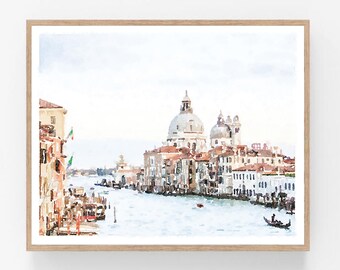 Puede incluir: Una pintura de acuarela de un canal en Venecia, Italia. La pintura presenta una vista del Gran Canal con edificios que bordean los lados, incluida la Basílica de San Marcos. El agua es de color azul claro y el cielo es de un gris pálido.
