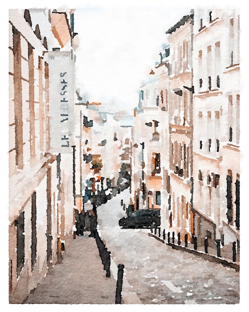 May include: A watercolor painting of a narrow street in a European city. The street is lined with tall buildings with white walls and brown window frames. The street is empty except for a few cars parked on the side. The street is paved with cobblestones and there are some trees on the side of the street.