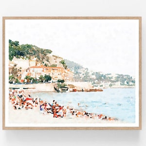 Impresión digital de acuarela de playa francesa, arte mural, descarga digital, fotografía de paisaje, pintura náutica, decoración (5x7, 8x10, 11x14, 16x20, 18x24)
