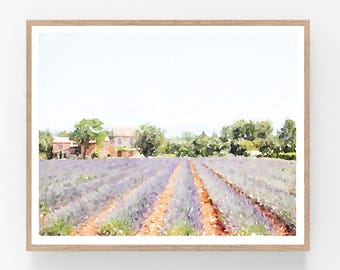 Provence France Lavender Fields Watercolor Wall Art Digital Printable, Landscape Painting Southern French 5x7, 8x10, 11x14, 16x20, 18x24