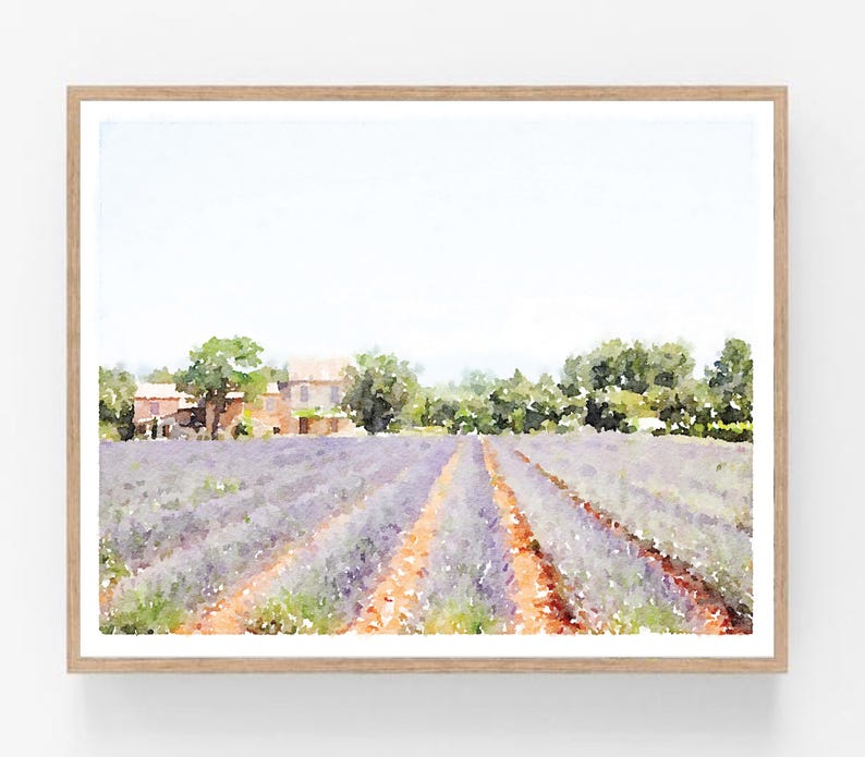 Provence France Lavender Fields Watercolor Wall Art Digital Printable, Landscape Painting Southern French 5x7, 8x10, 11x14, 16x20, 18x24