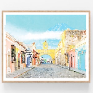 Antigua Guatemala Wall Art Watercolor Print Digital Download, Volcan De Agua Volcano Santa Catalina Arch City 5x7, 8x10, 11x14, 16x20, 18x24