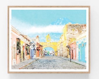 Antigua Guatemala Wall Art Watercolor Print Digital Download, Volcan De Agua Volcano Santa Catalina Arch City 5x7, 8x10, 11x14, 16x20, 18x24