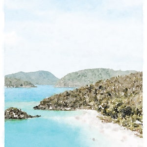 May include: A watercolor painting of a tropical island scene. The painting features a white sandy beach, turquoise blue water, and lush green hills in the background.