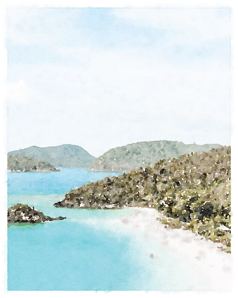 May include: A watercolor painting of a tropical island scene. The painting features a white sandy beach, turquoise blue water, and lush green hills in the background.