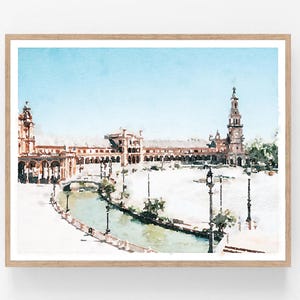 Seville Spain Wall Art, Plaza de Espana Watercolor Painting Printable, Spanish Decor, Neutral Cityscape Poster 5x7 8x10, 11x14, 16x20, 18x24