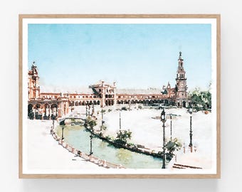 Art mural de Séville, Espagne, peinture à l'aquarelle de la Plaza de Espana, imprimable, décoration espagnole, affiche paysage urbain neutre 5 x 7 8 x 10, 11 x 14, 16 x 20, 18 x 24