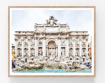 May include: A watercolor painting of the Trevi Fountain in Rome, Italy. The fountain is a large, ornate structure with a central archway and a cascading waterfall. The painting is done in soft, muted colors, giving it a romantic and dreamy feel.