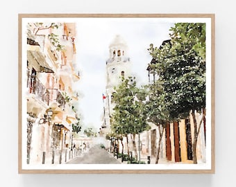 Santo Domingo Dominican Republic Digital Printable Watercolor Print, Caribbean Art Cityscape Painting Clocktower 5x7 8x10 11x14 16x20 18x24