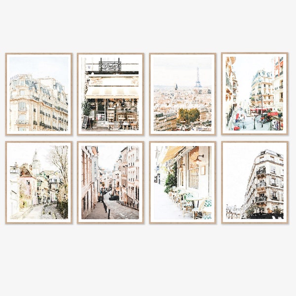 Paris Print Set of 8 Watercolor Gallery Wall Art Digital Download, Neutral French Decor, 8x10, 11x14, France Buildings Street, Bestseller