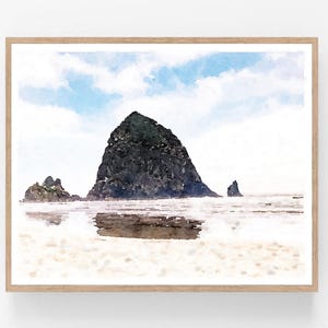 May include: A watercolour painting of a large rock formation on a beach. The rock is dark grey and is surrounded by white sand and blue water. The sky is a light blue with white clouds.