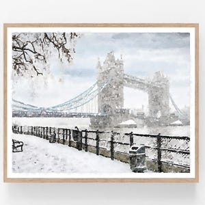 London Tower Bridge in Winter Watercolor Wall Art Digital Printable Neutral City Landscape Print Poster Decor 5x7, 8x10, 11x14, 16x20, 18x24