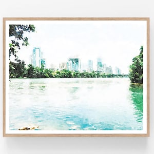 May include: A watercolour painting of a city skyline reflected in a body of water. The city is in the distance and the water is in the foreground. The painting is done in shades of blue, green, and white.