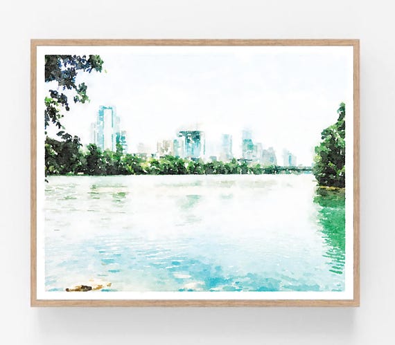 Cityscape Painting Austin TX Watercolor Print Digital Printable Art, City Landscape Texas Poster Neutral Decor 5x7, 8x10, 11x14, 16x20 18x24