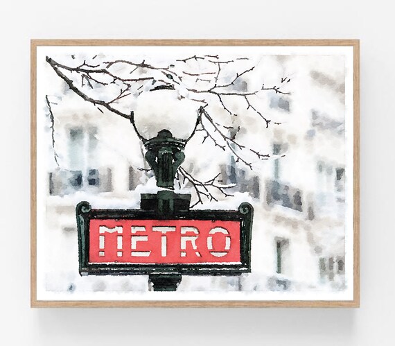 Paris Metro Sign In Winter Watercolor Print Digital Download.