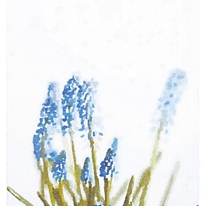 May include: A watercolor painting of blue flowers with green stems on a white background.