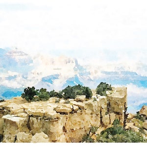 May include: A watercolor painting of a rocky cliff overlooking a vast canyon. The cliff is covered in small trees and bushes, and the canyon is filled with clouds and mist. The painting is done in shades of blue, green, and brown.