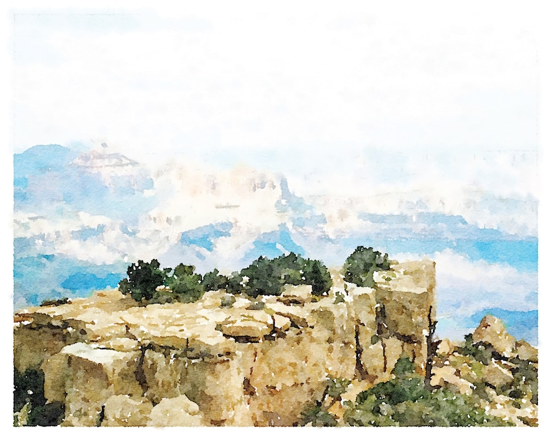 May include: A watercolor painting of a rocky cliff overlooking a vast canyon. The cliff is covered in small trees and bushes, and the canyon is filled with clouds and mist. The painting is done in shades of blue, green, and brown.