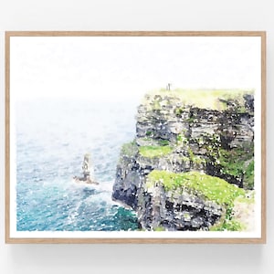 Cliffs of Moher Ierland muur kunst aquarel print digitale afdrukbare, Iers decor oceaan zee landschapsschilderkunst 5 x 7, 8 x 10, 11 x 14, 16 x 20, 18 x 24